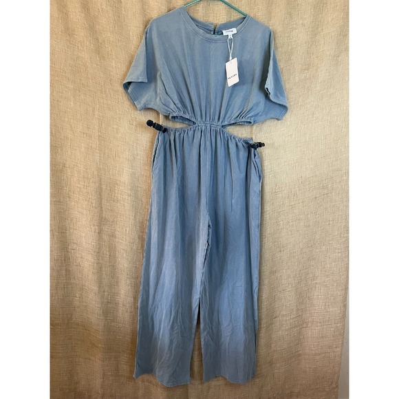 Heyson‎ Cutout Jumpsuit Wide Leg Elastic Waist Casual Blue Size L - Picture 1 of 5